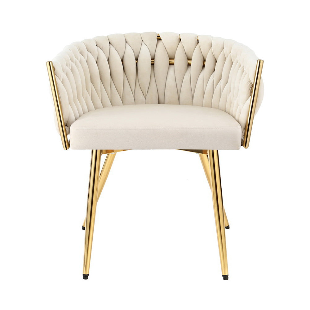 Antoinette Hand-Woven Beige Velvet Dining Armchair - Luxury Gold Legs