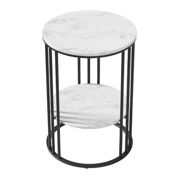 Close-up of the architectural matte black cage frame and the dual-tier white marble-effect shelves of the Cosmo side table.