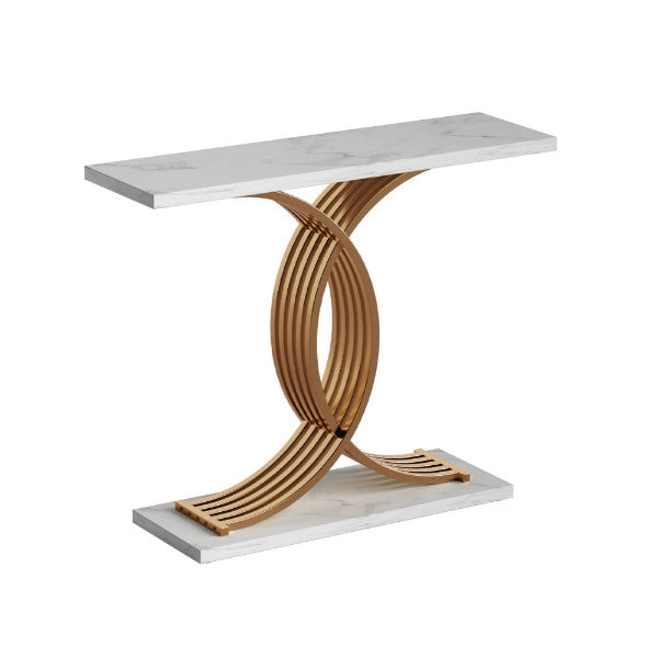 Detailed view of the rhythmic gold powder-coated metal framework on the Aurelia console table base.