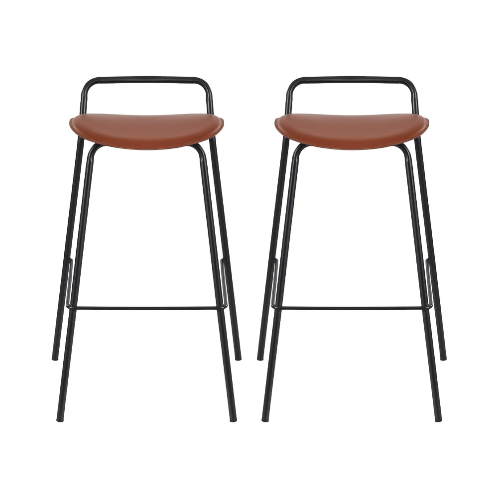 Set of 2 The Bronte Loft brown PU leather bar stools with black metal legs at a modern wooden kitchen island in an Australian home.