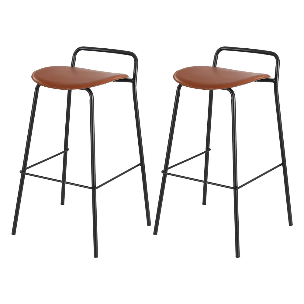 Set of 2 The Bronte Loft brown PU leather bar stools with black metal legs at a modern wooden kitchen island in an Australian home.