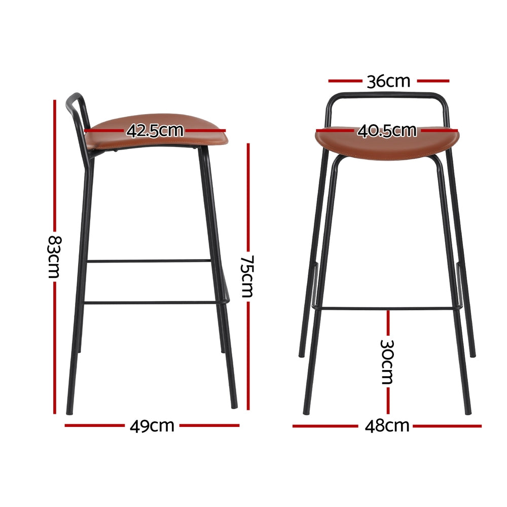 Set of 2 The Bronte Loft brown PU leather bar stools with black metal legs at a modern wooden kitchen island in an Australian home.