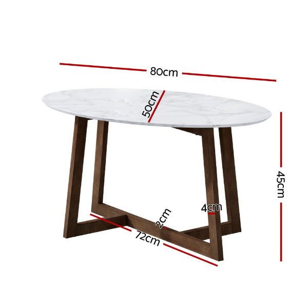 Technical view of the 80cm long Clara coffee table featuring anti-slip pads to protect Australian timber floors.