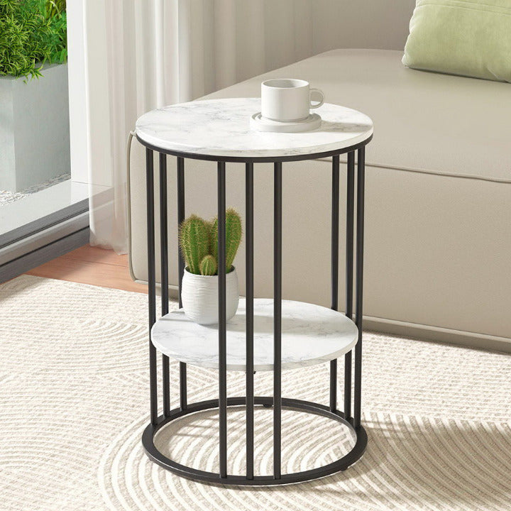 The Cosmo 54cm tall side table with white marble finish and black cage metal frame styled in a modern Melbourne apartment.