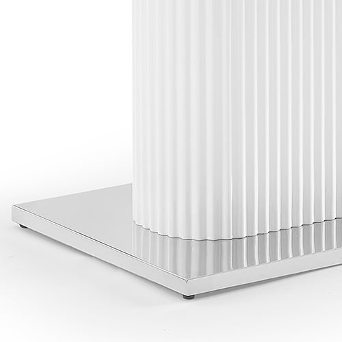 Detail view of the substantial glossy white column-style pedestal and the heavy-duty stainless steel foot for maximum stability.