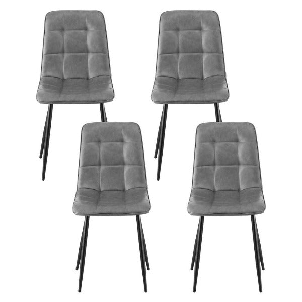 Set of 4 Griffin grid-tufted dining chairs in slate grey PU leather with matte black steel legs in a white font.