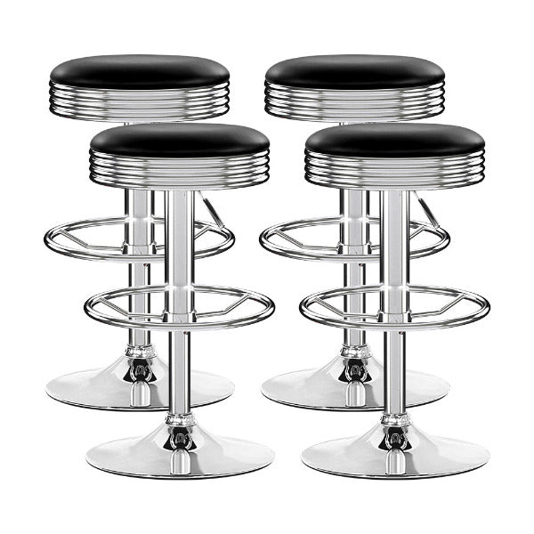 Close-up of the high-polish chrome pedestal base and circular footrest of the Retro Rocket adjustable stool.