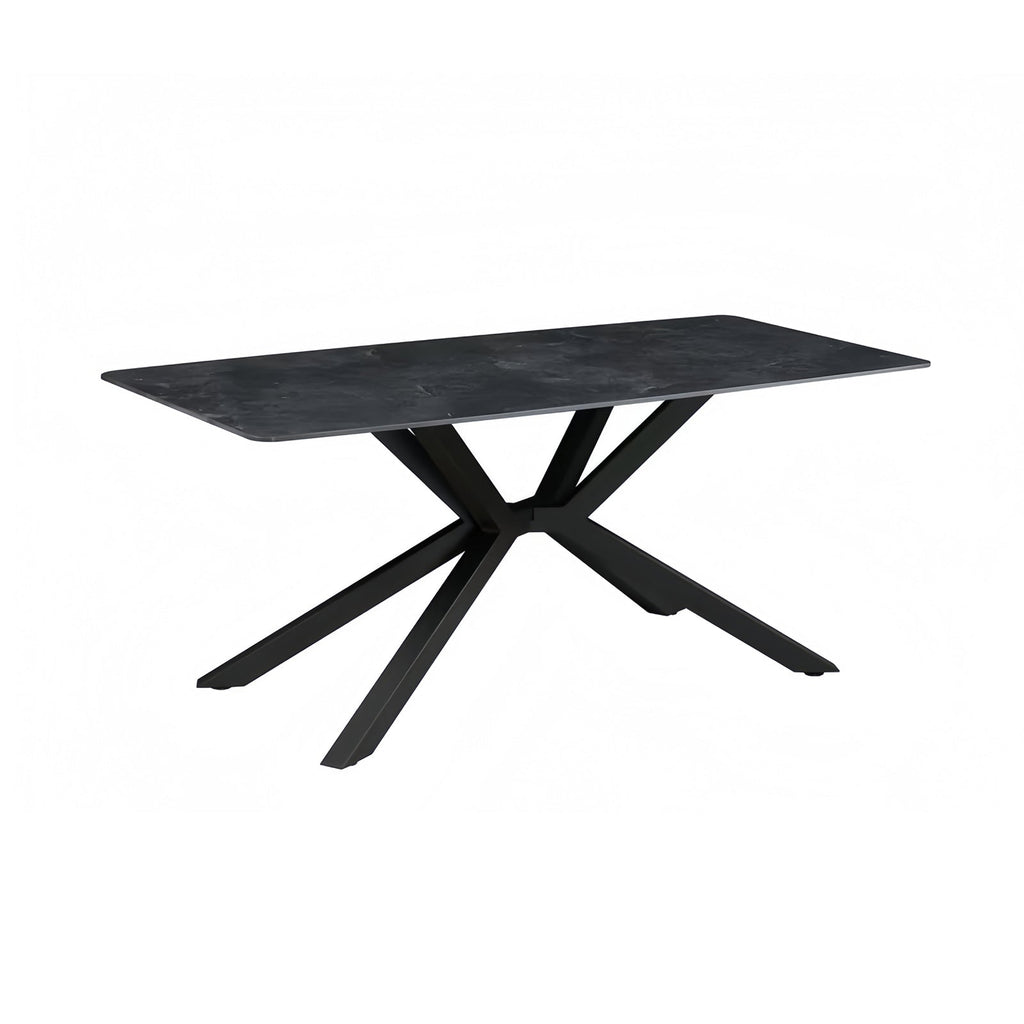 The Juniper 180cm dining table featuring a deep emerald sintered stone top and matte black steel legs in a white font.