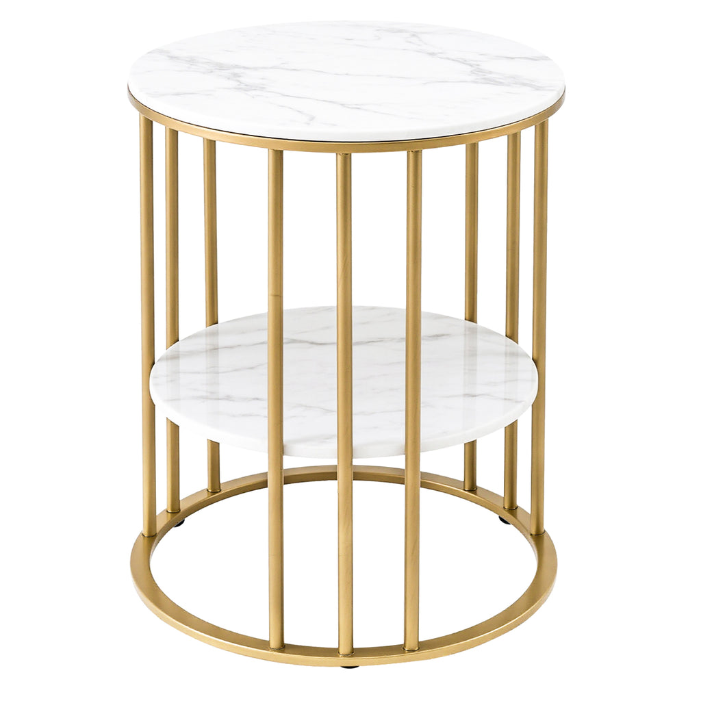 Detailed view of the brilliant gold-finished sculptural metal frame and the high-fidelity white marble veneer top.
