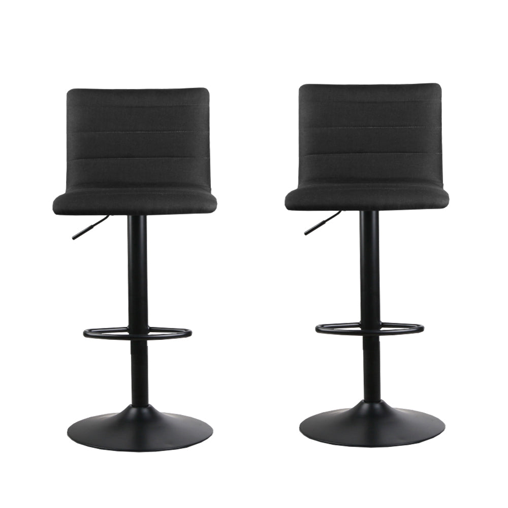 The Lennox modern swivel bar stool featuring premium black linen fabric and gas lift height adjustment by Oikia Furniture. Set of 2 Front view